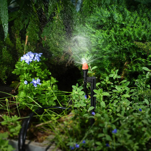 180 Degree Micro Sprinkler Heads With 12 Inch Stakes And One Quarter Inch Tubing for easy garden drip irrigation in use