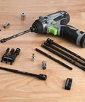 9 Piece Socket Adapter Extension Set With Quarter Inch Hex Shank for Quarter, Three Eighths, and Half Inch Drive Sockets displayed on wood