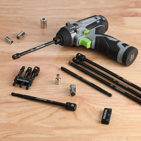 9 Piece Socket Adapter Extension Set With Quarter Inch Hex Shank for Quarter, Three Eighths, and Half Inch Drive Sockets displayed on wood