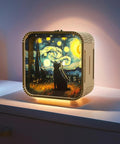 3D Wooden Puzzle Night Light For Adults And Teens, Dope DIY Craft Kit with Van Gogh Cat Design glowing on a desk