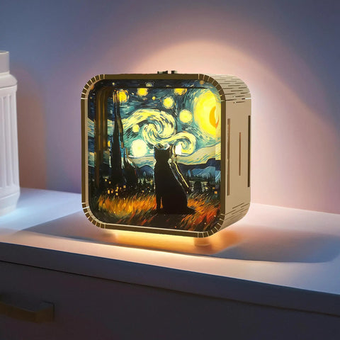 3D Wooden Puzzle Night Light For Adults And Teens, Dope DIY Craft Kit with Van Gogh Cat Design glowing on a desk