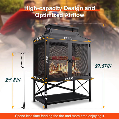 Metal Outdoor Fireplace For Patio And Backyard 39 Inch Square Chiminea Fire Pit with Grill, Spark Screen, and Fire Poker