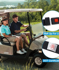 Universal Golf Cart Seat Belt Kit Front And Rear Lap Strap Belts For EZGO Yamaha Club Car Go Kart UTV Safe Passenger Belts Includes A Pair Bolts Not Included installed on a golf cart with passengers.