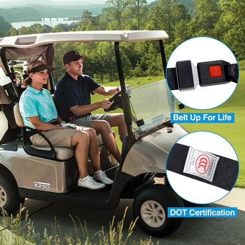 Universal Golf Cart Seat Belt Kit Front And Rear Lap Strap Belts For EZGO Yamaha Club Car Go Kart UTV Safe Passenger Belts Includes A Pair Bolts Not Included installed on a golf cart with passengers.