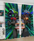 Monster Truck Curtain Set For Boys Bedroom Cartoon 3D Green Light Graffiti 4x4 Flame Buggy Car Window Drapes 42x45 Inches
