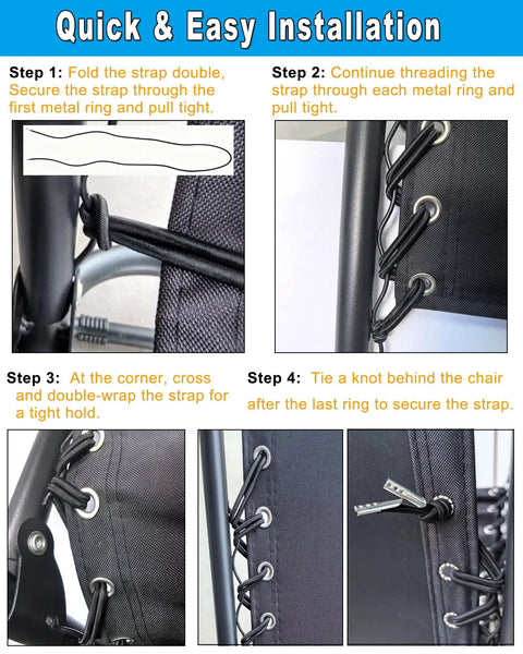 Four Pack Heavy Duty Zero Gravity Chair Replacement Cords installation steps showing elastic bungee straps threaded through metal rings.