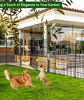 Decorative No Dig Garden Fence With Gate, 12 Panel Set, 42 Inch High, 25.67 Feet Long, in backyard with dogs playing
