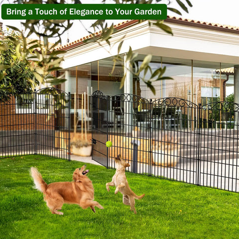 Decorative No Dig Garden Fence With Gate, 12 Panel Set, 42 Inch High, 25.67 Feet Long, in backyard with dogs playing