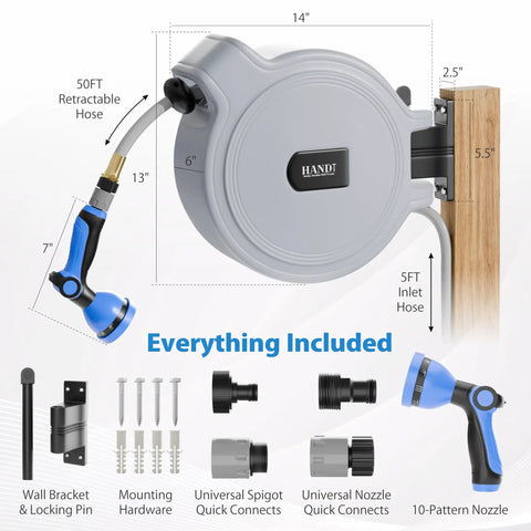 Heavy Duty Workhorse Wall Mounted Retractable Garden Hose Reel With 50 Ft Reach Half Inch Quick Connect 10 Pattern Sprayer