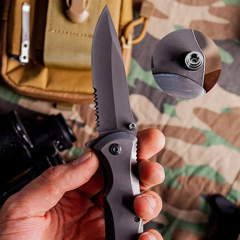 Knife with 3 Sets Titanium Thumb Studs And Pocket Knife Screws Replacement For Benchmade 535 Bugout, close-up of thumb stud detail