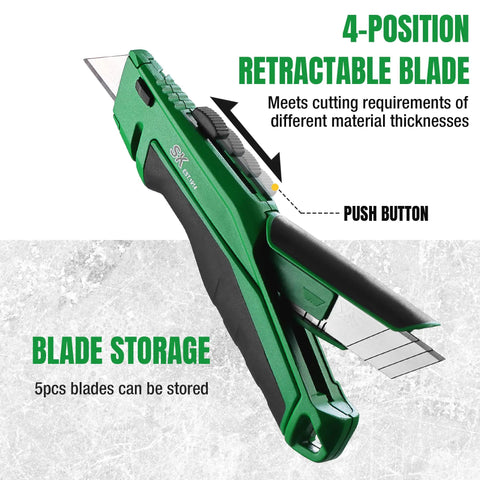 Beefy Retractable Utility Knife With SK2M TAC Tetracarbon Coated Blades And Zinc Alloy Handle For Clean Precise Cuts And Up To 28x Longer Blade Life For Everyday Use, 4-position blade, blade storage