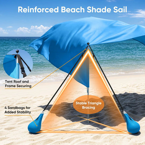 Beach Shade Canopy 100 Sq Ft Wind Powered Sunshade Sail For 4 To 6 People with sandbags on a beach