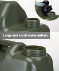 Military green 5 Gallon Water Jug for Camping and Overlanding showing large and small water outlets with spigot feature.