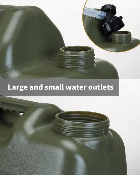 Military green 5 Gallon Water Jug for Camping and Overlanding showing large and small water outlets with spigot feature.