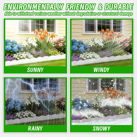 White 30 Foot Landscape Edging Kit With 30 Stakes For Lawn And Flower Bed Borders in various weather conditions.