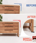 Before and after view of a wooden cabinet stabilized using Wobble Wedges Flexible Plastic Shims 30 Pack for Home Improvement and DIY Projects Black Leveling Spacers for Tables Furniture Toilets Beds and More Made in USA.