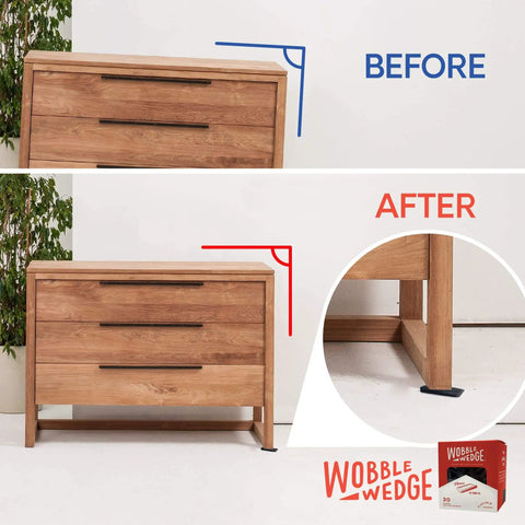 Before and after view of a wooden cabinet stabilized using Wobble Wedges Flexible Plastic Shims 30 Pack for Home Improvement and DIY Projects Black Leveling Spacers for Tables Furniture Toilets Beds and More Made in USA.