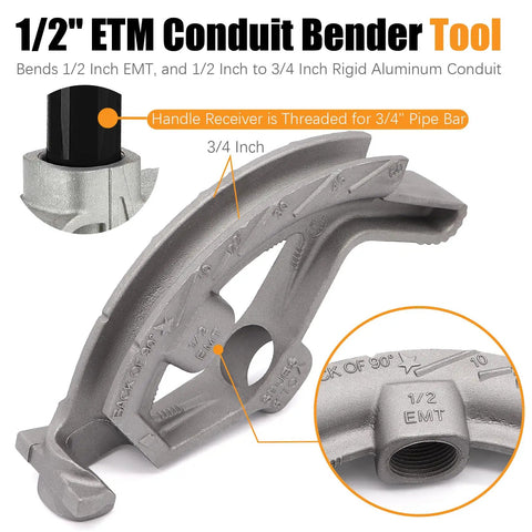 1/2 Inch EMT Conduit Hand Bender Tool With Aluminum Die Cast Head for bending 1/2 inch EMT pipes, displayed with labeled features