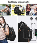 Collage of spacious diaper bag backpack being used by moms, featuring USB port and thick padded straps, best gift for parents.