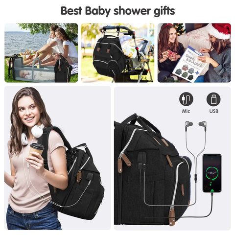Collage of spacious diaper bag backpack being used by moms, featuring USB port and thick padded straps, best gift for parents.