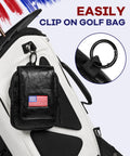 Patriotic US Flag Golf Rangefinder Hard Shell Case With Magnetic Closure clipped to golf bag, US flag design visible.