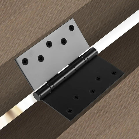 Beefy 5 Inch Stainless Steel Door Hinges With Ball Bearing For Exterior And Interior Doors Square Corner Five By Five Inch Black Finish Heavy Duty Commercial Grade Hinges Built To Last 4 Pack on wood door