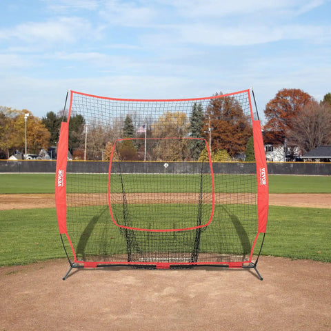 7x7 Ft Baseball And Softball Practice Net set up on a baseball field with a backstop design for hitting and pitching practice.