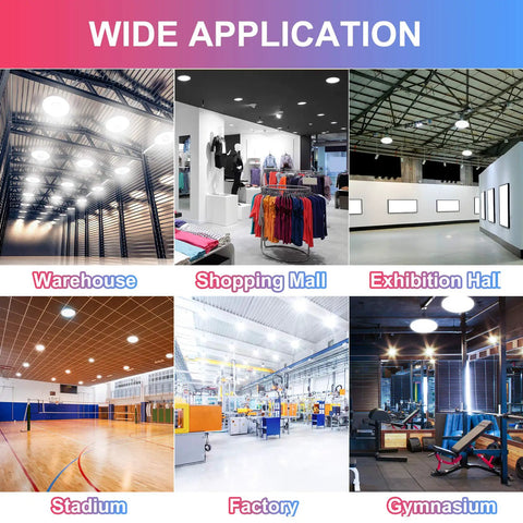 Collage showing UFO LED High Bay Light 200W Dimmable Warehouse Shop Light 30000 Lumens in various applications like warehouse and gym