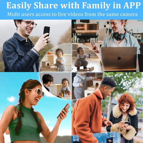 Mom and dad using Ultra Tiny WiFi Hidden Camera Nanny Cam 1080P Mini Home Security indoors, viewing baby on phone and laptop