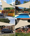 Collage of Durable Waterproof Outdoor Triangle Sun Shade Sail 11x18x21.1 Ft installed over patio, pool, driveway, and garden deck.
