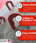 Glazelock red plastic horseshoe shims for leveling; 3-piece set shown on stone wall (close-up)