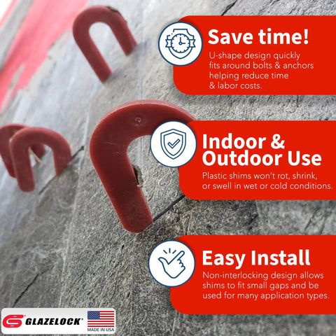 Glazelock red plastic horseshoe shims for leveling; 3-piece set shown on stone wall (close-up)