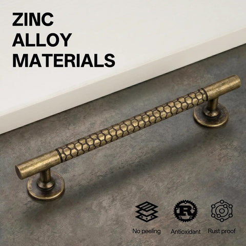 10 Pack Honeycomb Texture 5 Inch Cabinet Handles 128mm Antique Brass Cupboard Pulls with zinc alloy material.