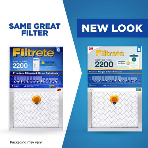 Comparison of 16x20x1 Smart Air Filter MPR 2200 MERV 13 Two Pack With Bluetooth Life Tracking packaging; old vs. new design.