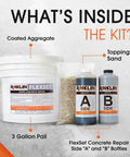 FlexSet Rapid Concrete Repair Kit Self Leveling Epoxy Cement For Driveways Foundations Large Cracks And Outdoor Repairs Gray 3 Gallon No Tear Out Required Cold Applied Quick Set Solution For Fast Durable Fix, showing contents including pail, aggregate, sand, and epoxy bottles