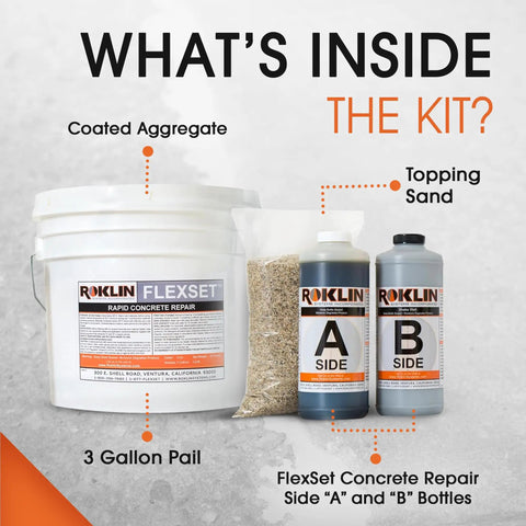 FlexSet Rapid Concrete Repair Kit Self Leveling Epoxy Cement For Driveways Foundations Large Cracks And Outdoor Repairs Gray 3 Gallon No Tear Out Required Cold Applied Quick Set Solution For Fast Durable Fix, showing contents including pail, aggregate, sand, and epoxy bottles