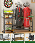 Golf Bag Storage Rack With Wheels For Garage And Home Holds 2 Golf Bags Plus Gear Ball Mesh Rack 3 Shelves Removable Hooks Retractable Strap Durable Black Organizer Stand For Club Shed Basement