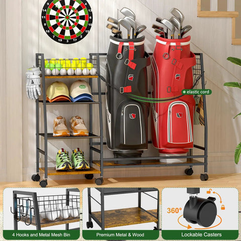 Golf Bag Storage Rack With Wheels For Garage And Home Holds 2 Golf Bags Plus Gear Ball Mesh Rack 3 Shelves Removable Hooks Retractable Strap Durable Black Organizer Stand For Club Shed Basement