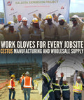 Workers wearing 6161 ANSI A6 Cut Resistant Impact Gloves at a construction site with scaffolding and equipment in the background.