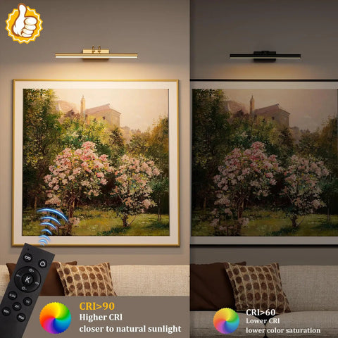 Cordless Battery Operated Picture Light With 4000mAh Rechargeable Battery illuminating artwork with remote control in gold finish