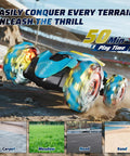Rad Gesture Sensing Remote Control Stunt Car for All Terrains 4WD spins on sandy terrain with colorful rugged wheels.