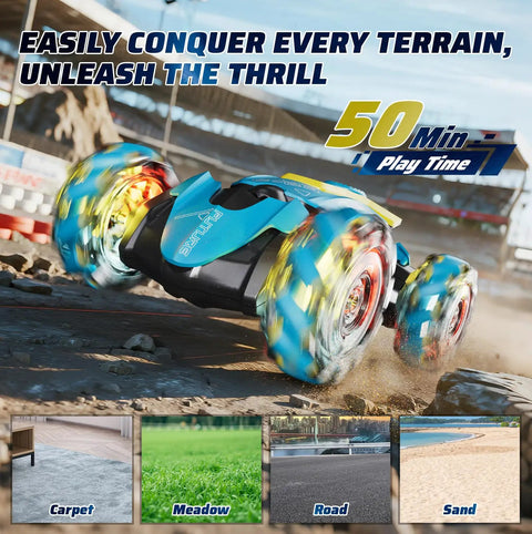 Rad Gesture Sensing Remote Control Stunt Car for All Terrains 4WD spins on sandy terrain with colorful rugged wheels.