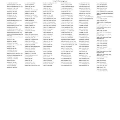 List of compatible vehicle models for the Swing Arm Chain Adjuster Bolt Repair Kit with Hardware Pack.