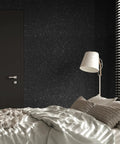 Bedroom with Black Glitter Peel And Stick Wallpaper Self Adhesive Vinyl Roll 15.7x354 Inches 38.75 Sq Ft behind bed