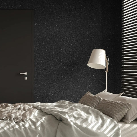 Bedroom with Black Glitter Peel And Stick Wallpaper Self Adhesive Vinyl Roll 15.7x354 Inches 38.75 Sq Ft behind bed
