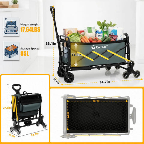 Foldable Stair Climbing Cart With Triangular Wheels For Groceries And Laundry shown with dimensions and weight details