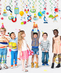 Children under Science Party Hanging Swirl Decor Set, 30 Pack For Kids Birthday Bash, Lab Theme Cutout Swirls And Double Hanging Swirls