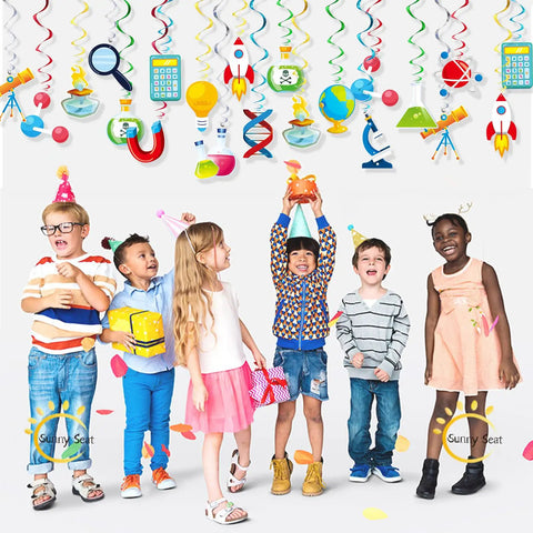 Children under Science Party Hanging Swirl Decor Set, 30 Pack For Kids Birthday Bash, Lab Theme Cutout Swirls And Double Hanging Swirls