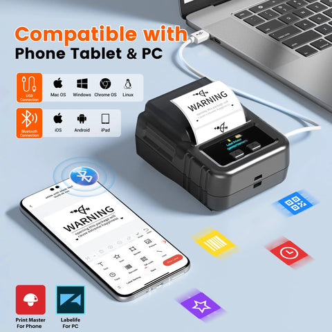 Bluetooth Label Printer M120 On The Go Portable Thermal Barcode Printer printing label with smartphone and laptop nearby