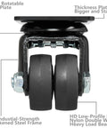 Heavy Duty Swivel Caster Wheels Set Of Four, 1.5 Inch Double Nylon Rollers Built Like A Tank For Beds And Workbenches, Smooth As Butter Gliding Plate Casters Holding 2200 Lbs, Rock Solid Black Kit showing 360-degree rotatable top plate and double wheels.